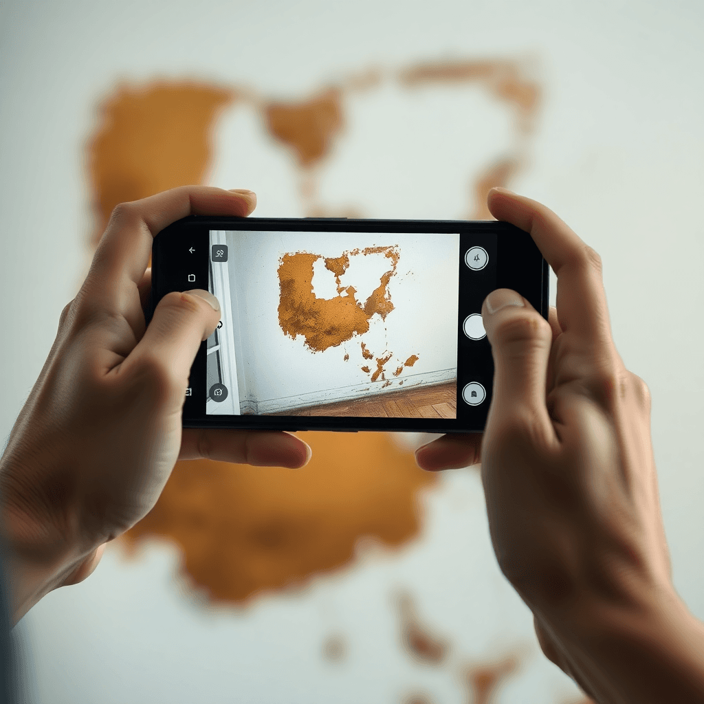 Homeowner documenting water damage with photos for insurance claim