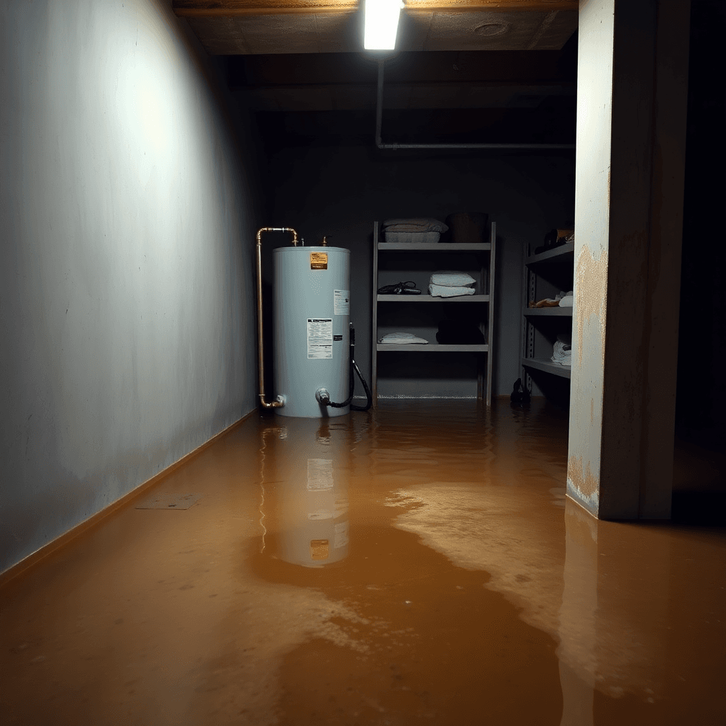 Flooded residential basement with standing water covering the floor
