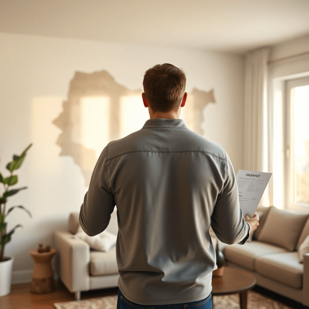 Homeowner inspecting water damage on wall while reviewing insurance documents