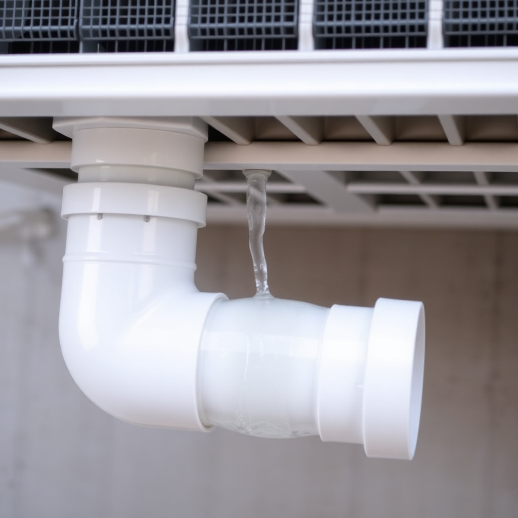 AC unit drain line properly installed with visible water flow