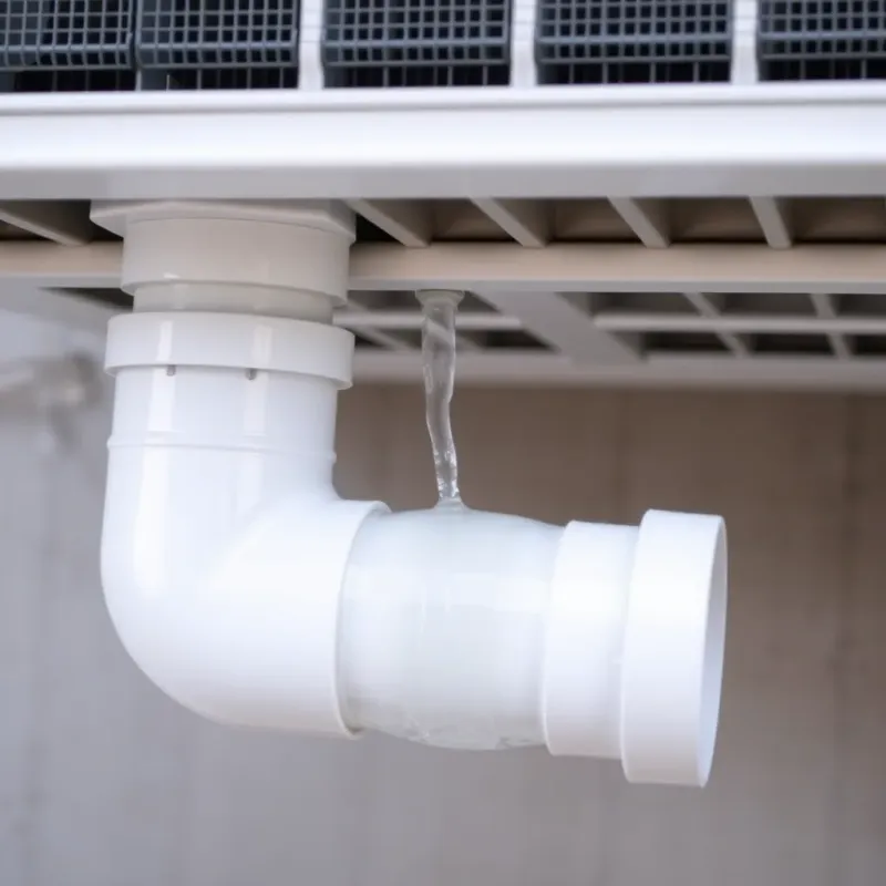 AC unit drain line properly installed with visible water flow