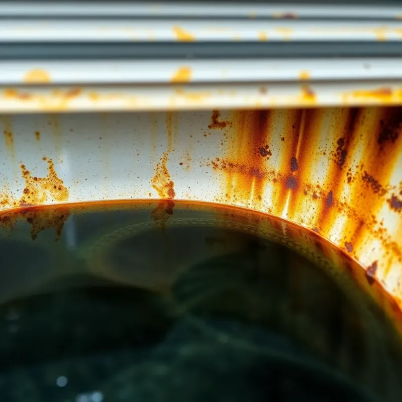 AC condensate drain pan with rust and corrosion visible