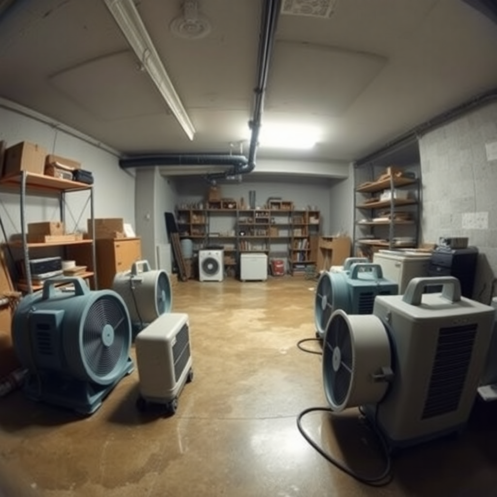 Basement drying process with fans and dehumidifiers after flood water removal
