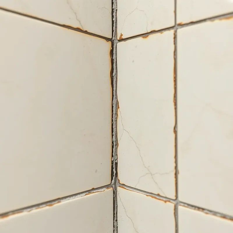 Bathroom shower wall showing cracked grout, water stains, and tile deterioration