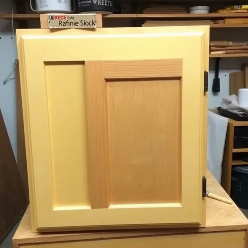 Kitchen cabinet repair workbench showing sanding, staining, and finishing materials