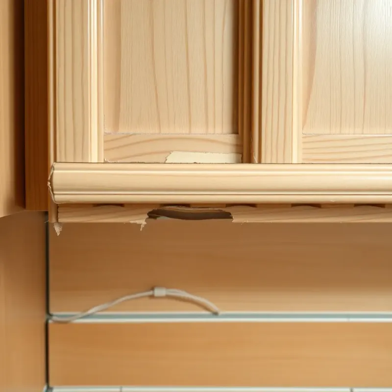 Different types of water damage in kitchen cabinets including swelling, veneer separation, and discoloration