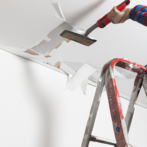 Ceiling drywall repair in progress with worker replacing water damaged section
