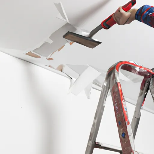 Ceiling drywall repair in progress with worker replacing water damaged section