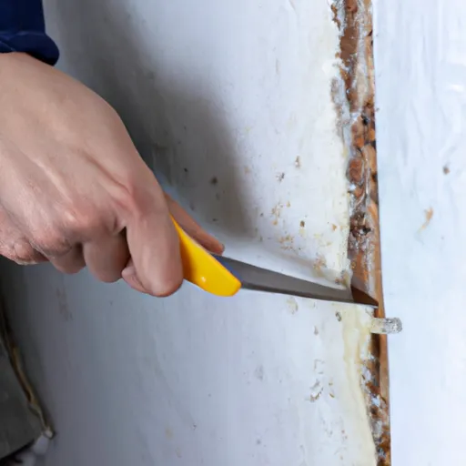 Cutting out water damaged drywall section for repair with utility knife