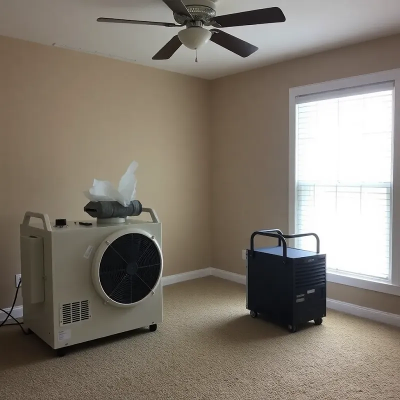Industrial dehumidifiers and air movers set up throughout a flood-damaged home for structural drying