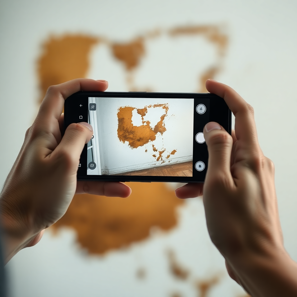 Homeowner photographing water damage with smartphone for insurance claim documentation