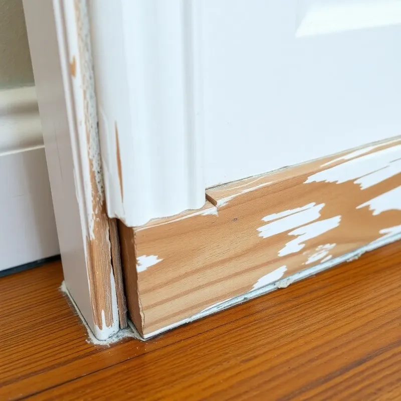 Door frame inspection showing swelling at joint, soft wood at threshold, and water damage progression