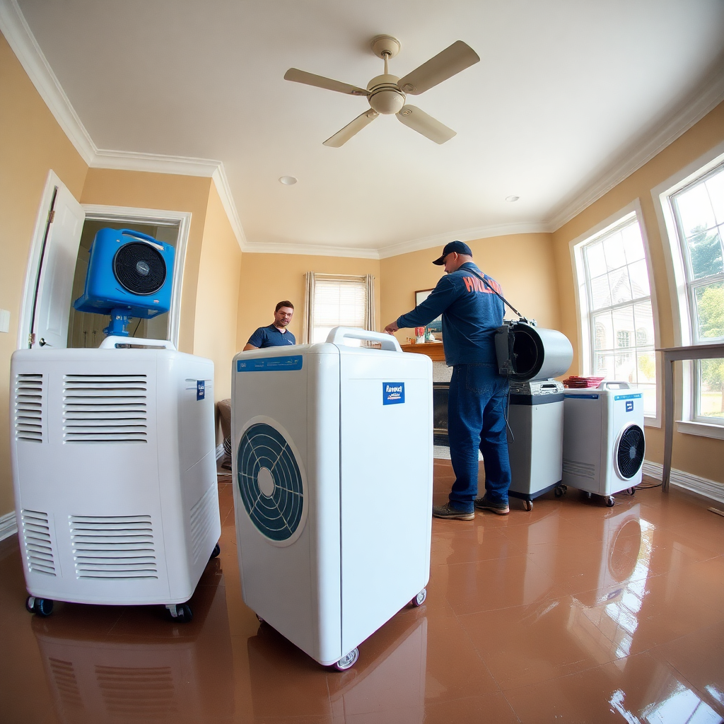 Professional water damage restoration crew extracting water with commercial equipment from flooded basement within hours of emergency