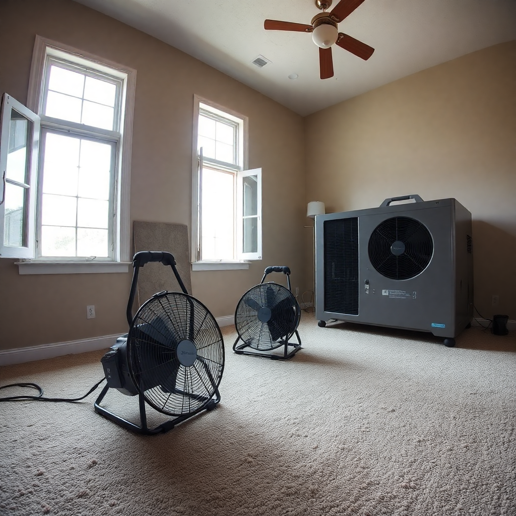 Fans and commercial dehumidifier drying out water damaged bedroom