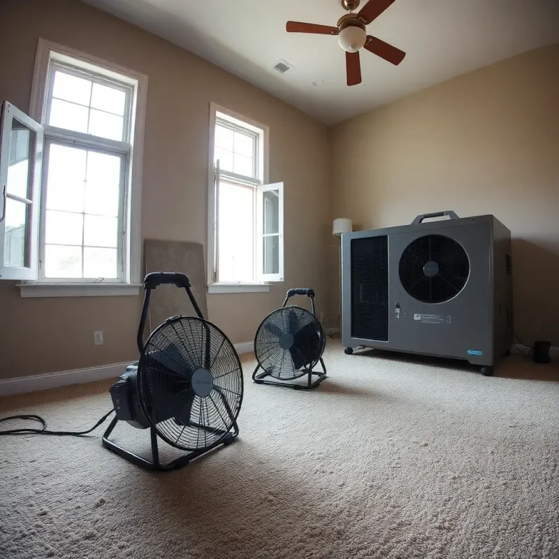Room with industrial fans and dehumidifiers drying after water damage