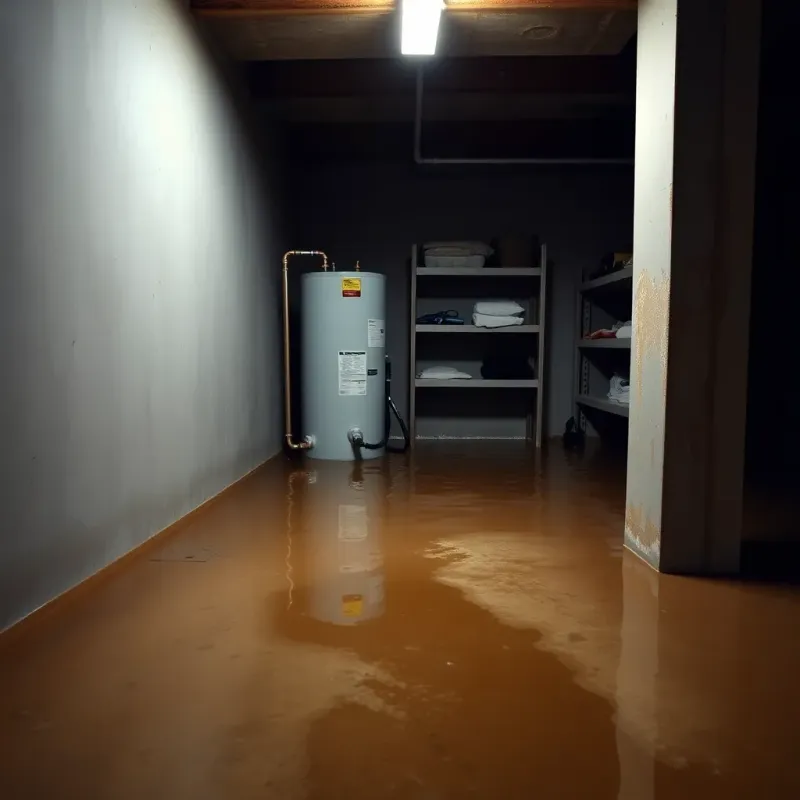 Flooded residential basement with standing water covering the floor