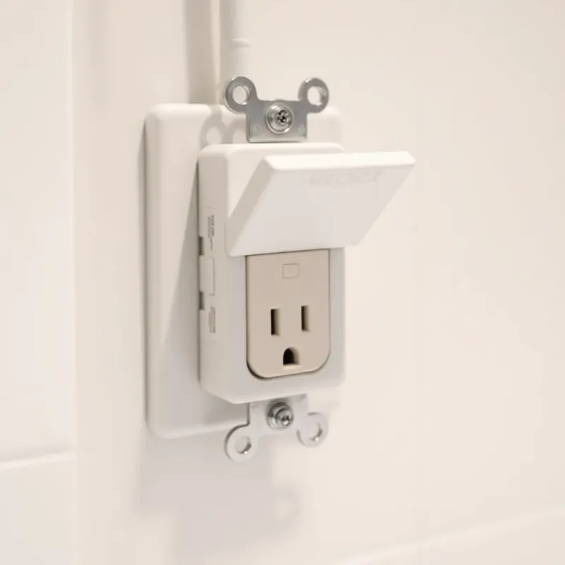 GFCI outlet with waterproof cover installed in bathroom demonstrating proper wet location protection