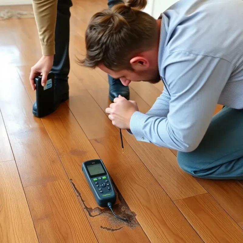 Water-damaged hardwood flooring showing cupping and warping during professional restoration assessment