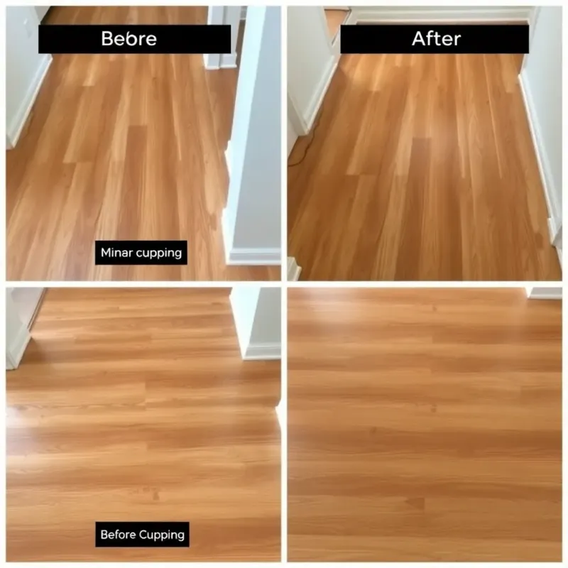 Progression of water damage showing cupping, buckling, and structural failure