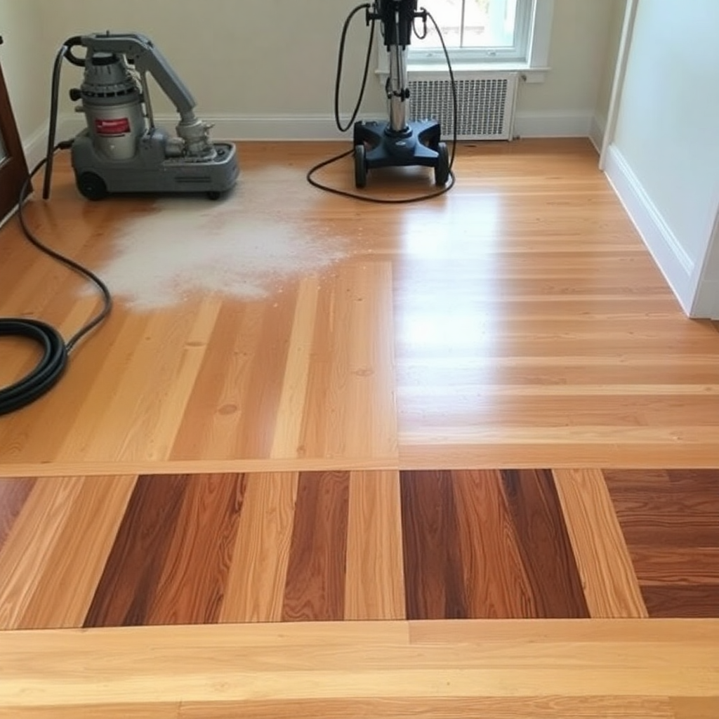Hardwood floor refinishing process showing sanding and stain application to restored water-damaged boards