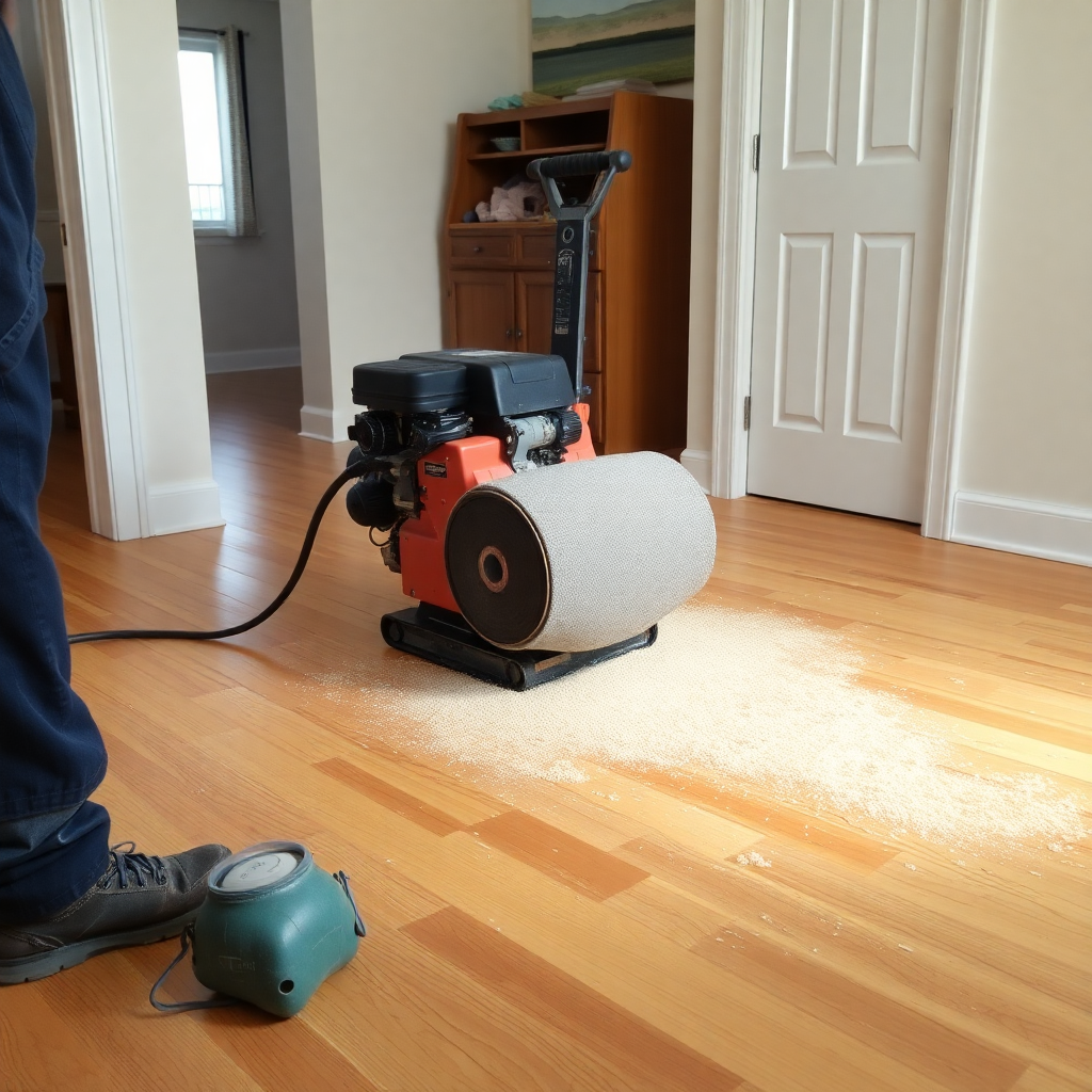 Professional hardwood floor sanding equipment in residential home