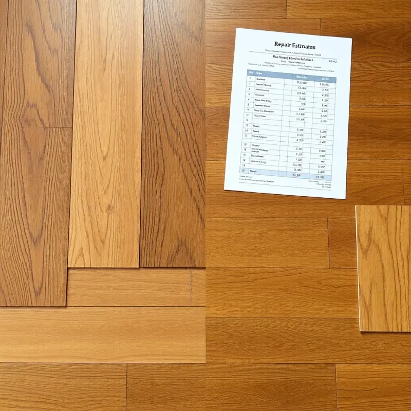 Close-up view of water-damaged hardwood floor showing cupping and discoloration patterns