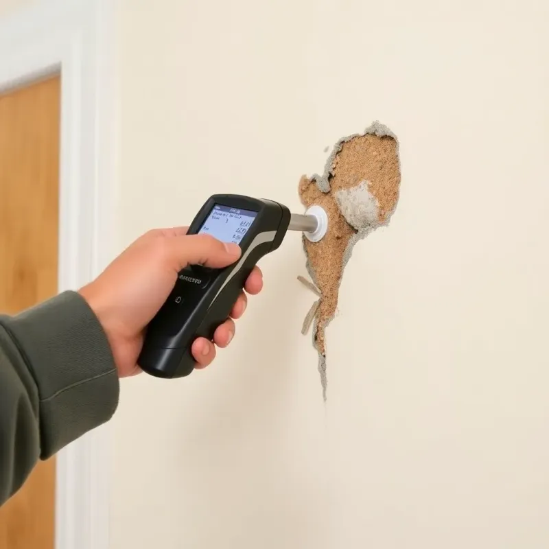 Homeowner using moisture meter to inspect ceiling for water damage in attic space