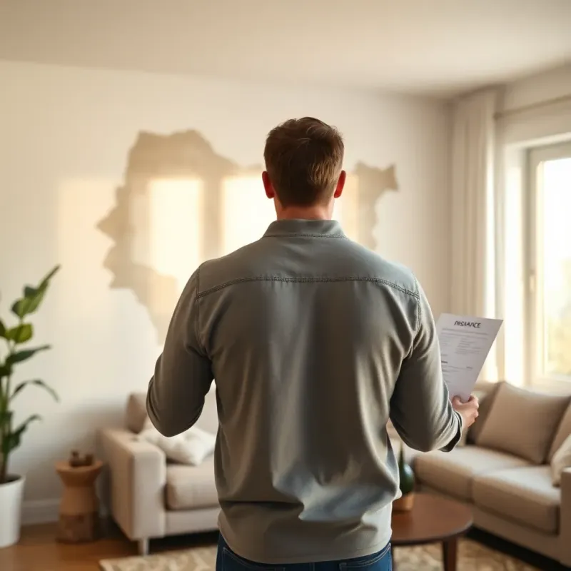 Homeowner inspecting water damage on wall while reviewing insurance documents