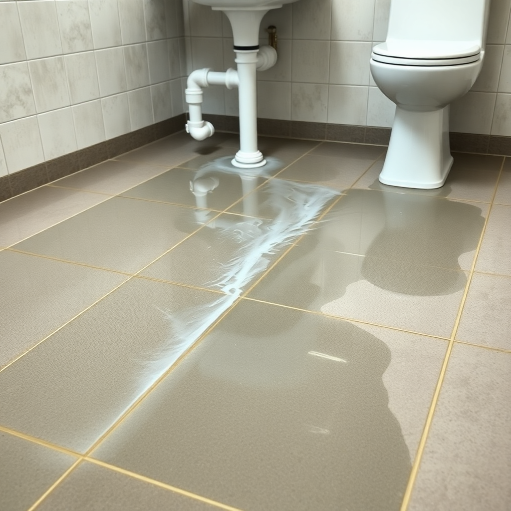 Indoor water damage from burst pipe flooding bathroom floor