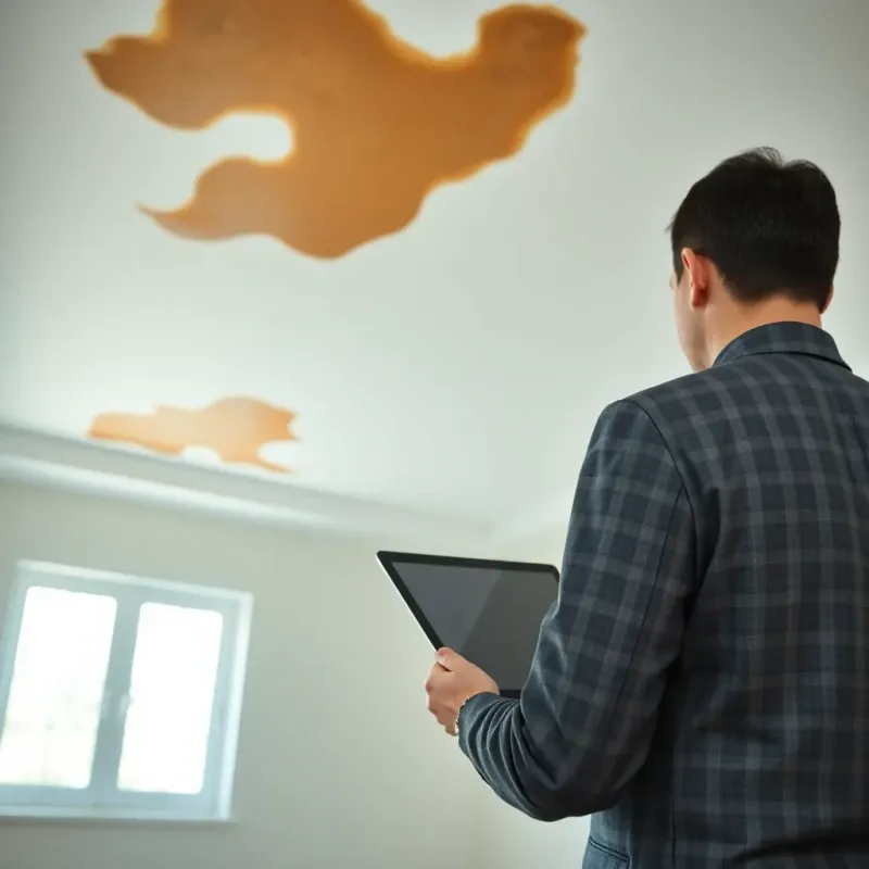 Insurance adjuster documenting water damage on ceiling during home inspection