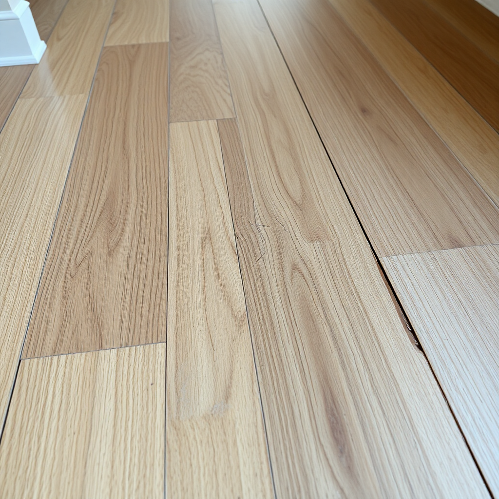 Laminate flooring showing swelling and buckling from water exposure with visible moisture damage