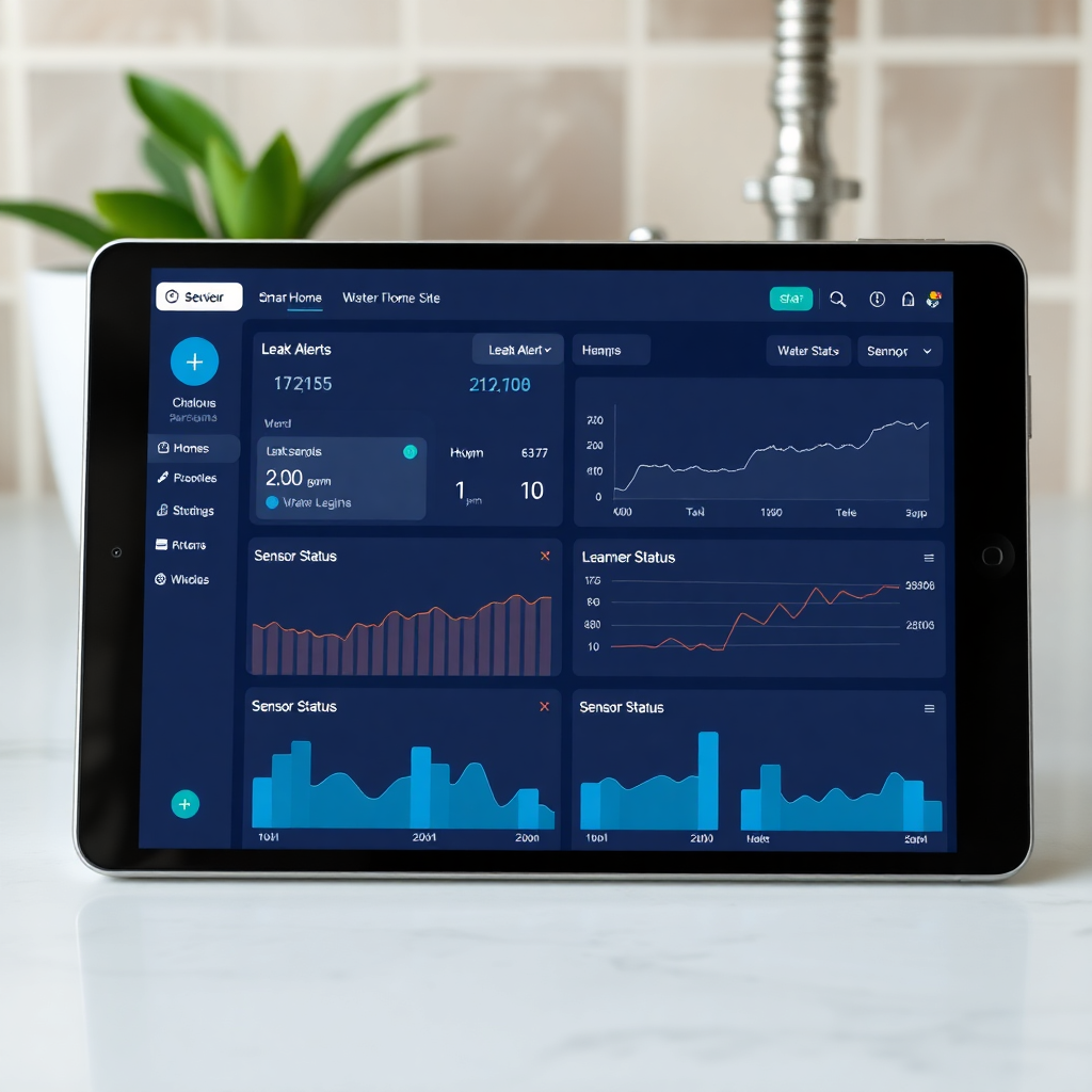 Modern 2026 water leak detection system showing AI analytics dashboard and real-time monitoring interface