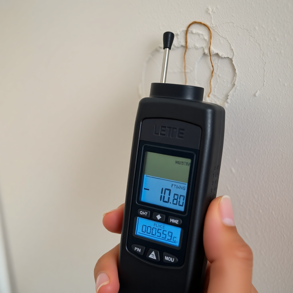 Using digital moisture meter to test wall for hidden water damage and moisture levels
