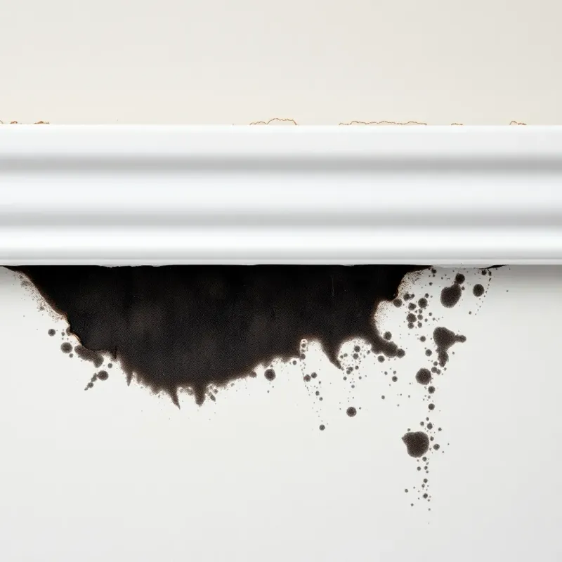Black mold growth discovered behind baseboard from hidden water damage