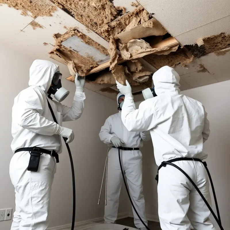 Professional mold remediation specialist examining water-damaged wall with moisture meter and testing equipment