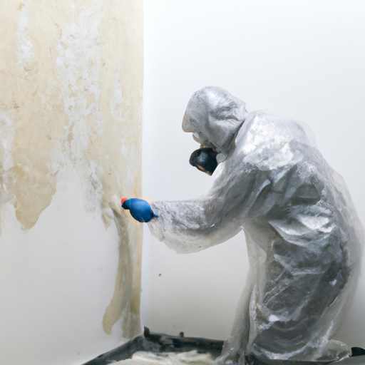 Professional mold remediation worker in protective gear removing mold from walls