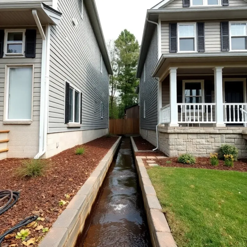 Illustration of adjacent homes with water damage flowing from neighbor's property, representing liability scenarios