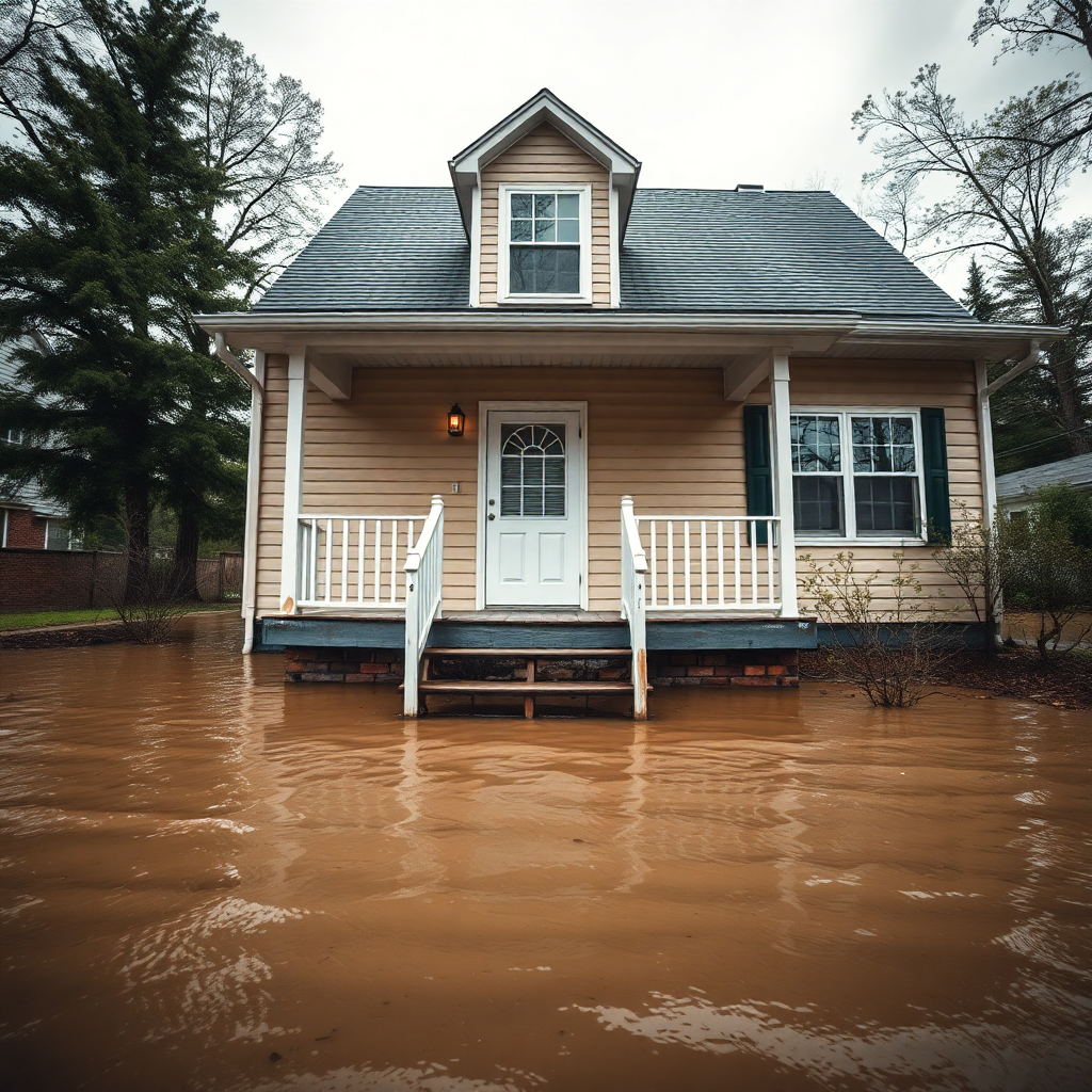 House surrounded by natural flood water during flood event
