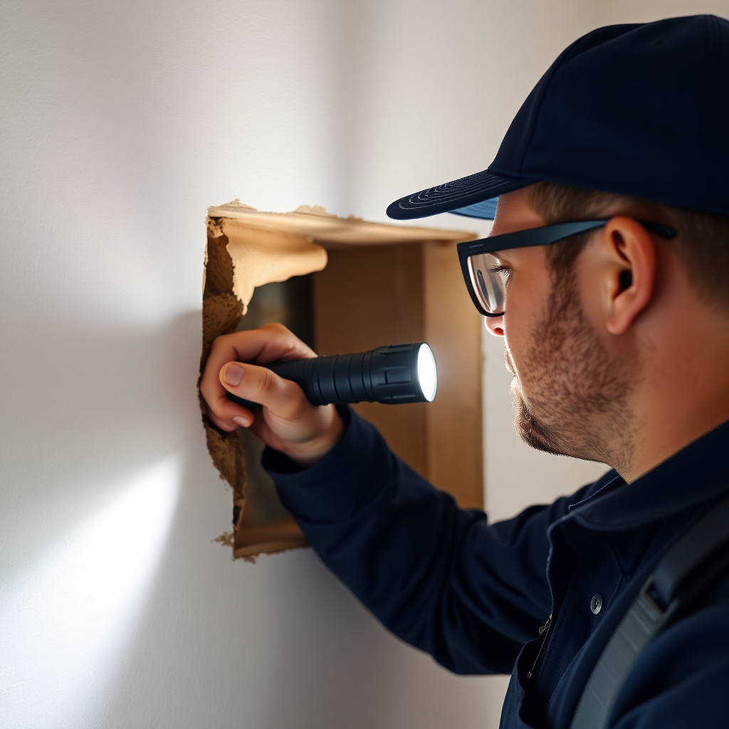 Professional water damage inspector examining hidden damage in walls