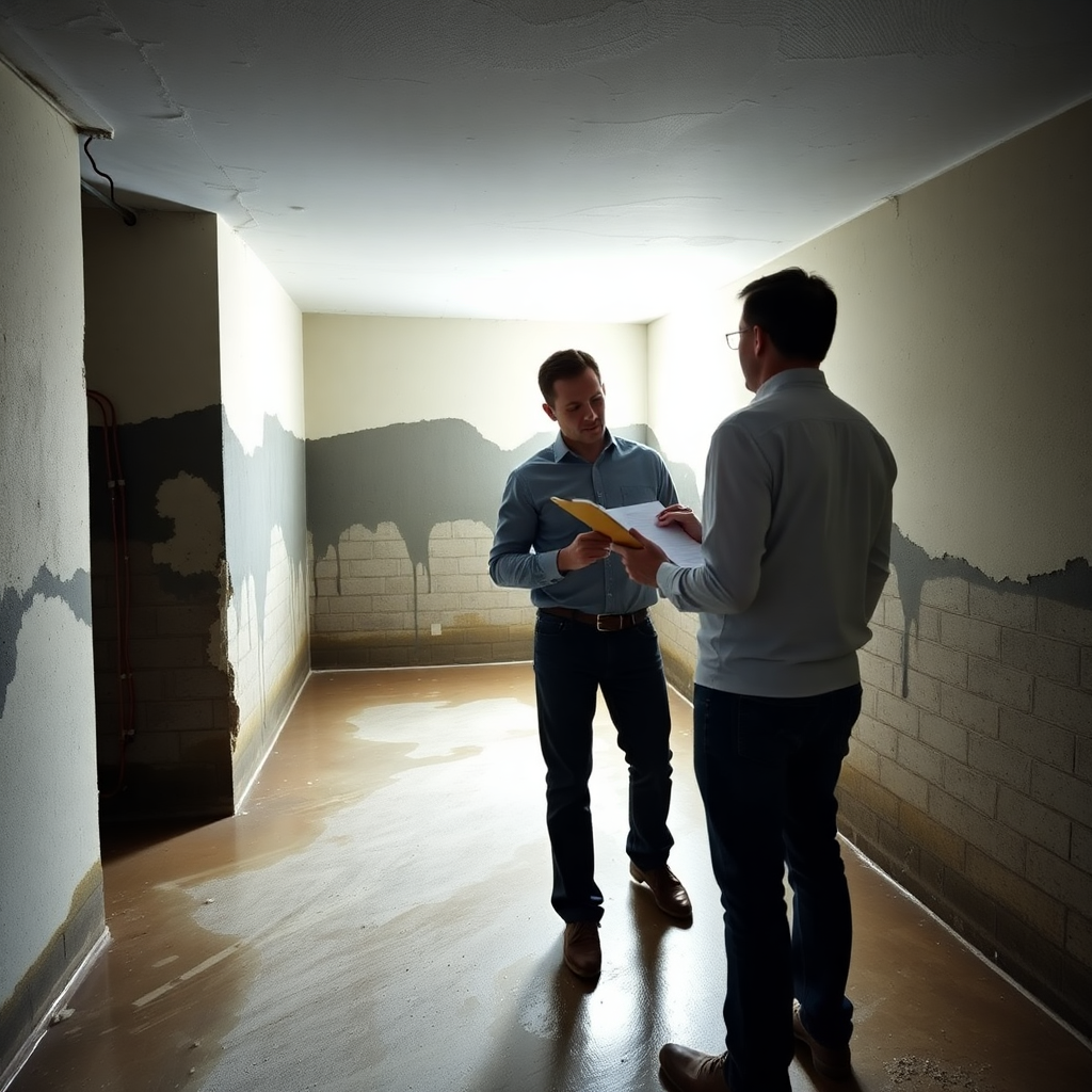 Public adjuster and homeowner examining water damage in basement during claim process
