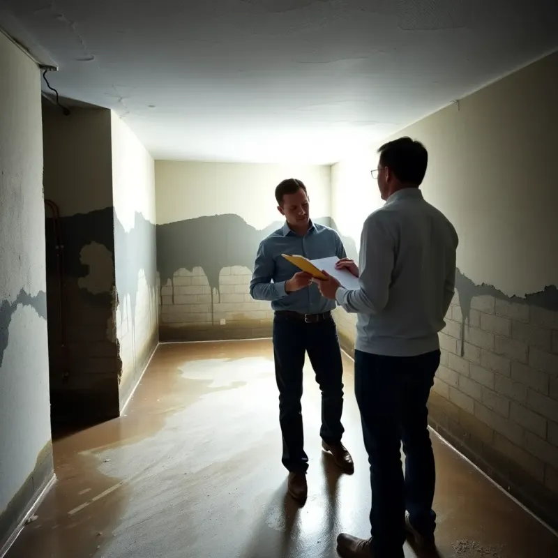 Public adjuster and homeowner examining water damage in basement during claim process