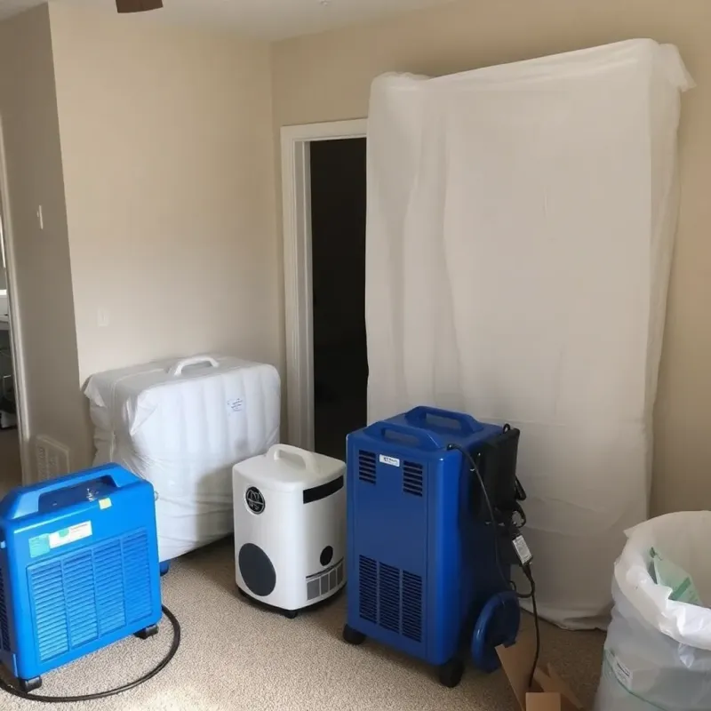 Water damage restoration equipment including dehumidifiers and air scrubbers drying affected room