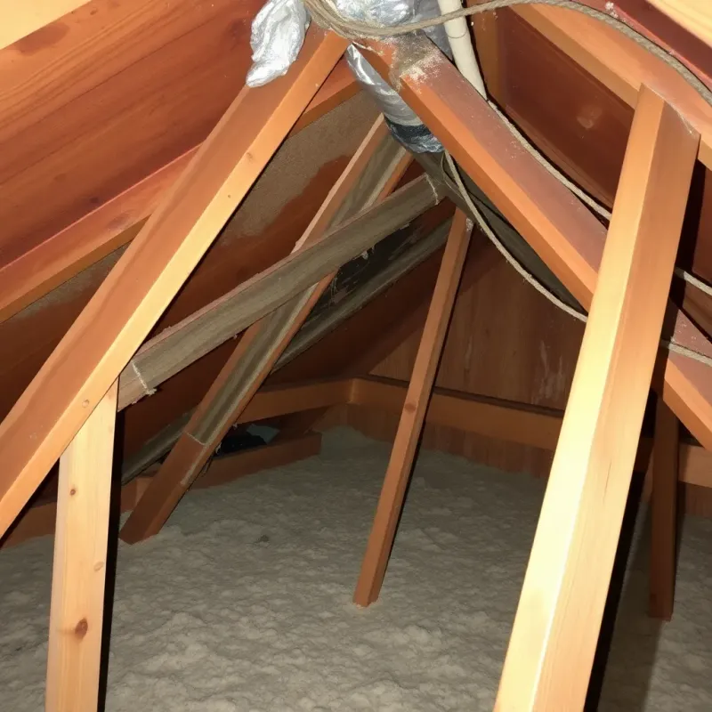 Attic inspection showing water stains and moisture damage on roof decking