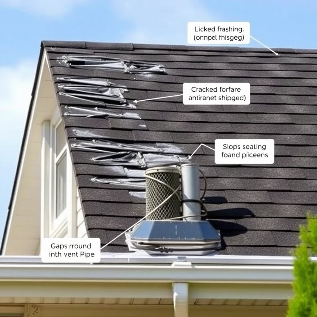 Roof leak source identification showing penetrations, flashing failure, and water damage progression