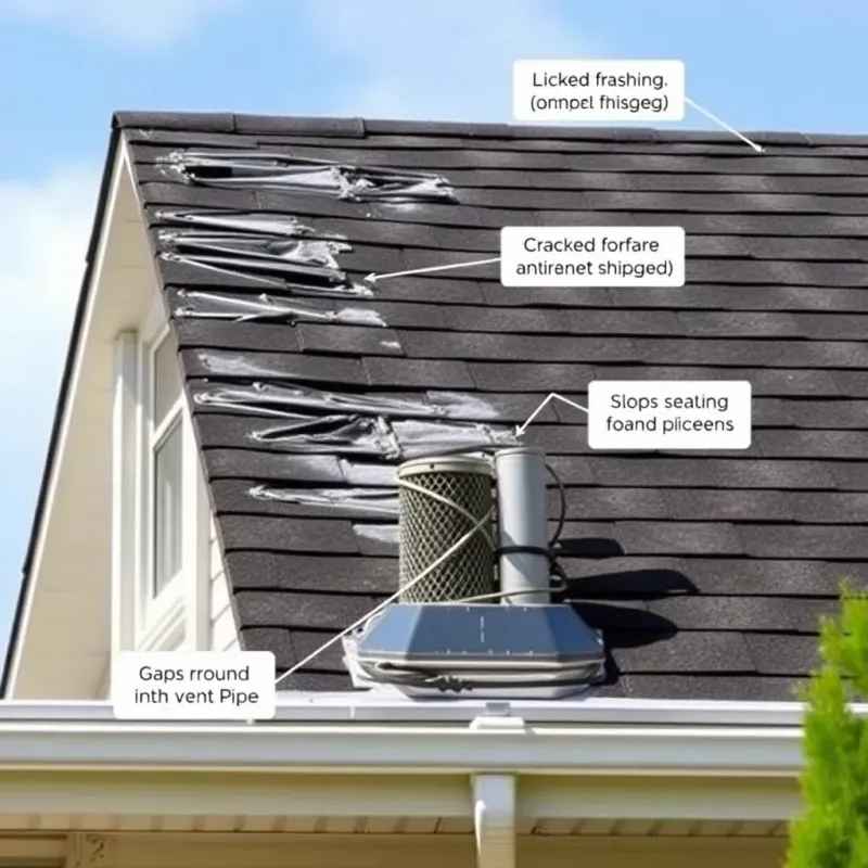 Roof leak source identification showing penetrations, flashing failure, and water damage progression