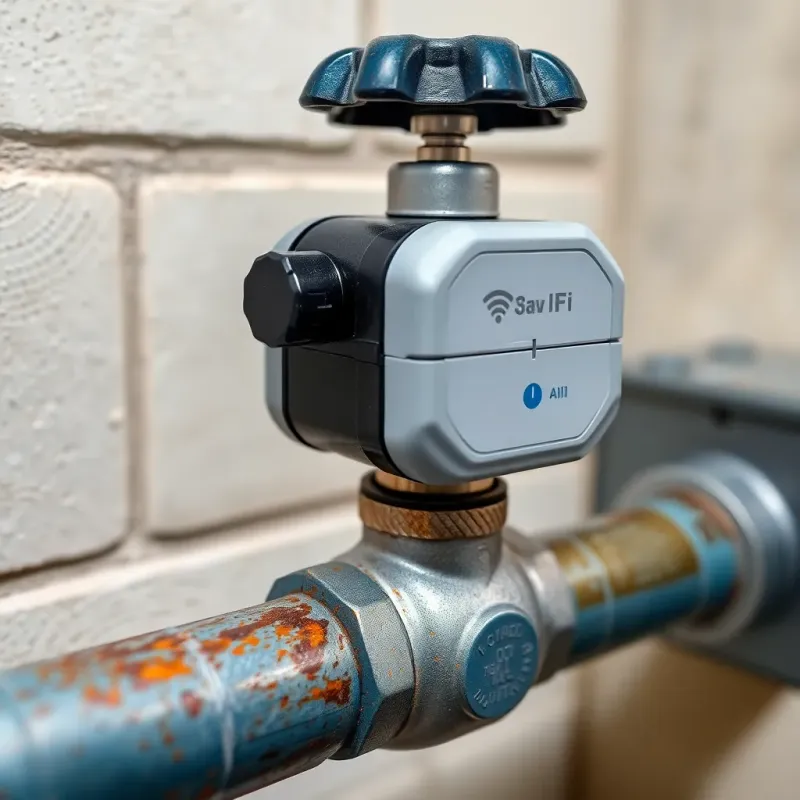 Smart water shut-off valve installation on main water line with monitoring display panel