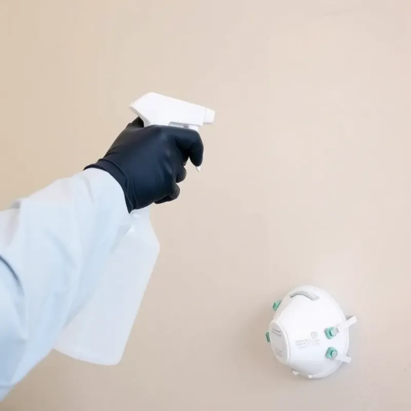 Applying antimicrobial mold prevention spray on walls after water damage cleanup