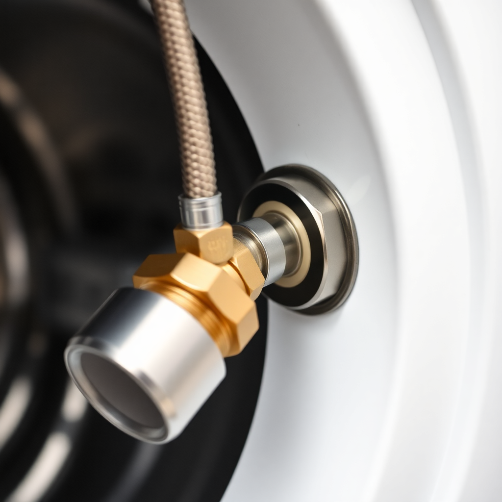 Close-up of braided steel washing machine inlet hose showing reinforced construction