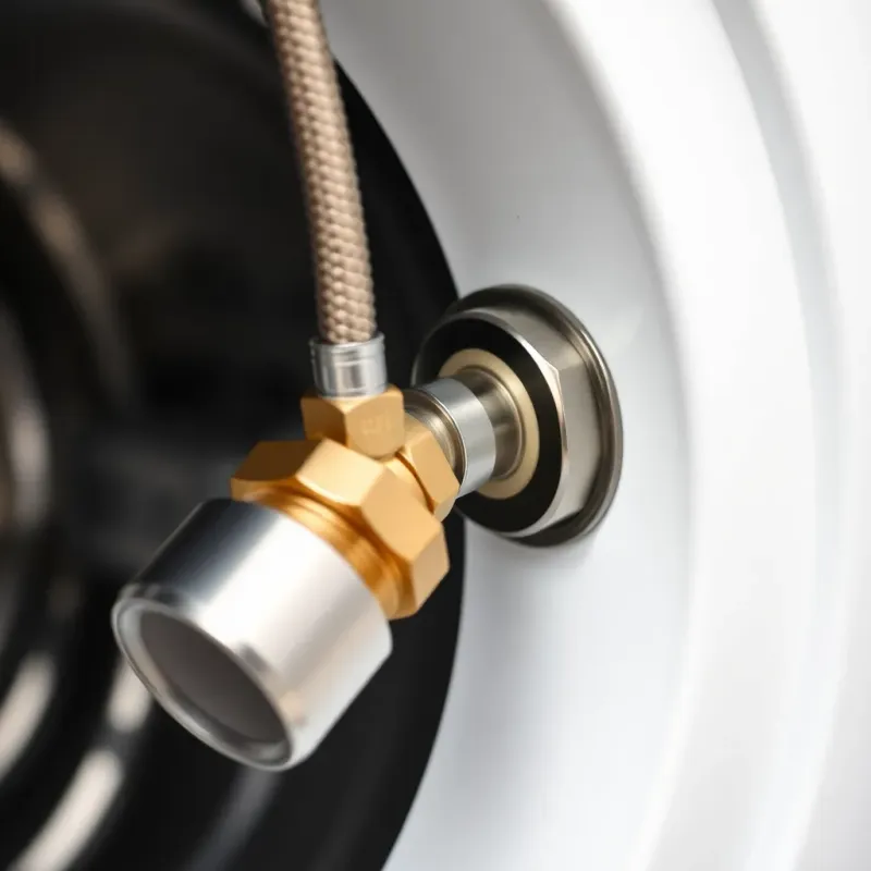 Close-up of braided steel washing machine inlet hose showing reinforced construction