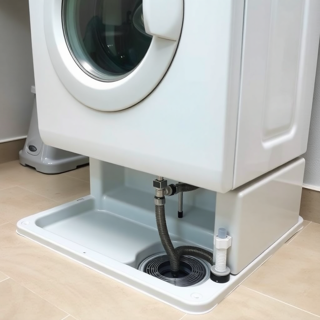 Washing machine properly installed with drain pan and secure hose connections